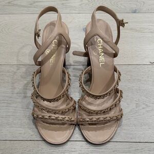 AUTHENTIC CHANEL Beige Leather Chain-Strap Heeled Sandals